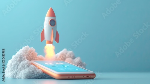 Startup concept: a rocket flying from a mobile phone's screen against a blue backdrop photo