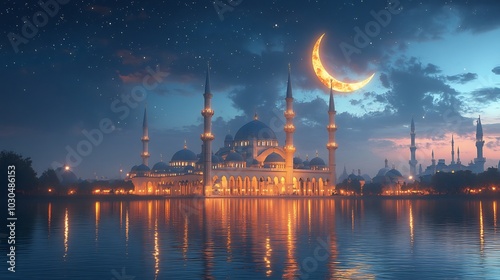 3d illustration of grand mosque glowing under a crescent moon with stars the backdrop a serene blue sky perfect for an elegant and peaceful Eid alFitr design