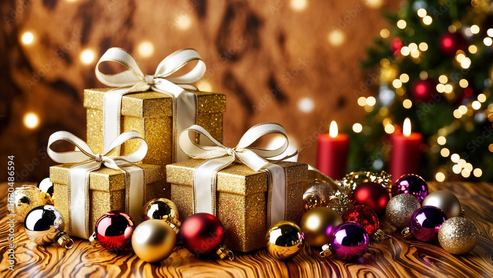A festive Christmas background with glittering gift boxes adorned with golden satin ribbons and shiny ornaments, illuminated by warm bokeh lights in a cozy holiday atmosphere. A festive Christmas background with glittering gift boxes adorned with golden satin ribbons and shiny ornaments, illuminated by warm bokeh lights in a cozy holiday atmosphere.