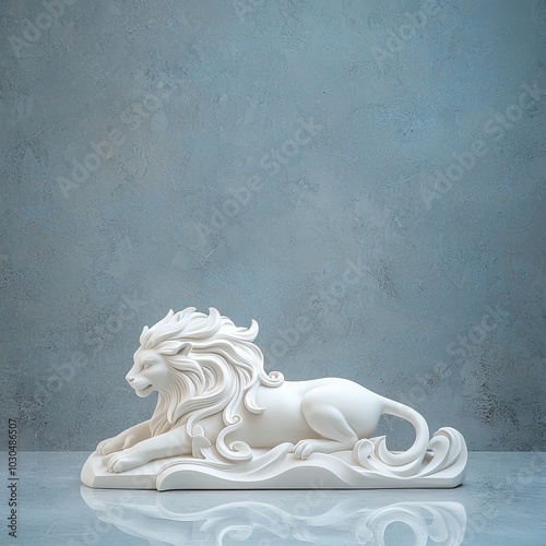 White Lion Sculpture on Blue Textured Background photo