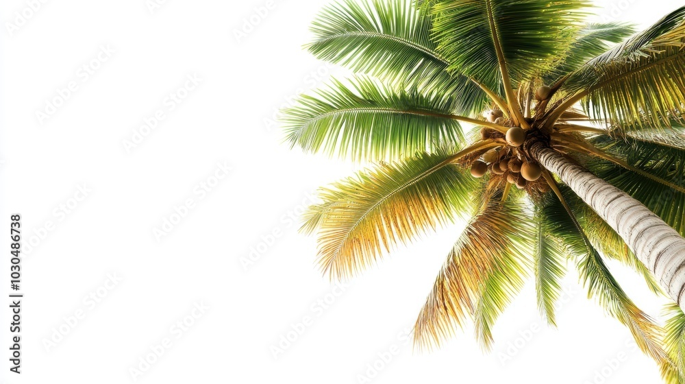 Fototapeta premium Palm tree with coconuts isolated on crisp white backdrop