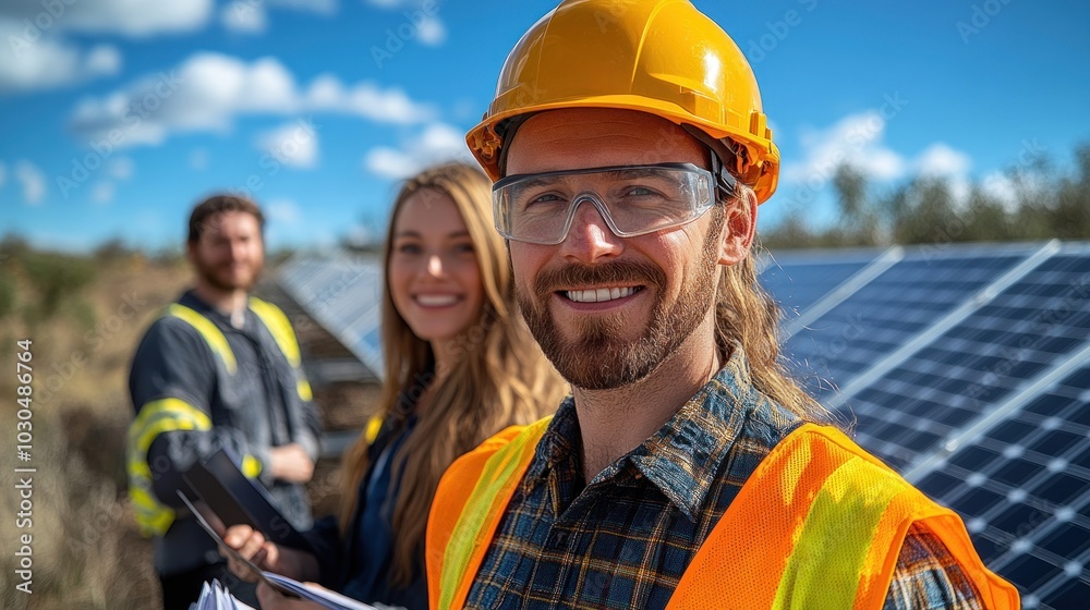 Team of professionals working on a solar energy project outdoors. Team of professionals working on a solar energy project outdoors.