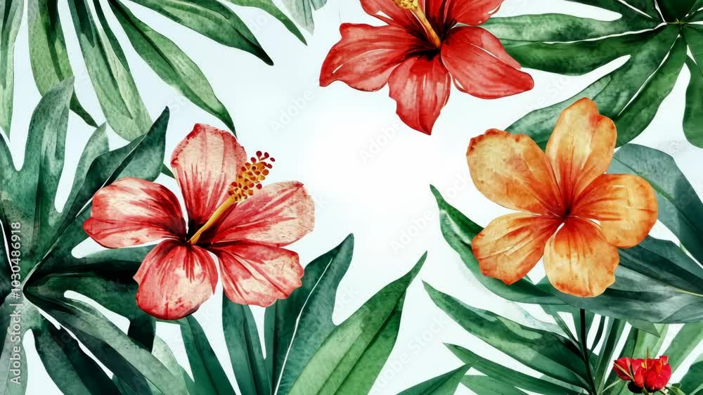 A watercolor painting of tropical flowers and leaves A watercolor painting of tropical flowers and leaves