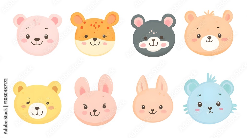 Cute Animal Cartoon Faces Set Bear Bunny Cat Mouse Illustration Cute Animal Cartoon Faces Set Bear Bunny Cat Mouse Illustration
