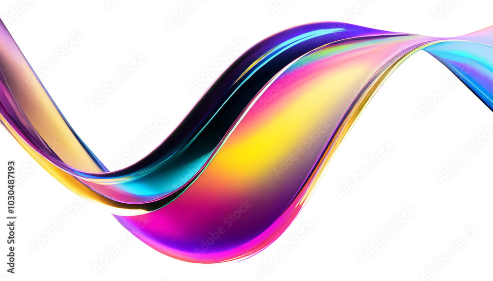 Abstract liquid glass shape with colorful reflections. Ribbon of curved water with glossy color wavy fluid motion. Chromatic dispersion flying and thin film spectral effect. Abstract liquid glass shape with colorful reflections. Ribbon of curved water with glossy color wavy fluid motion. Chromatic dispersion flying and thin film spectral effect.