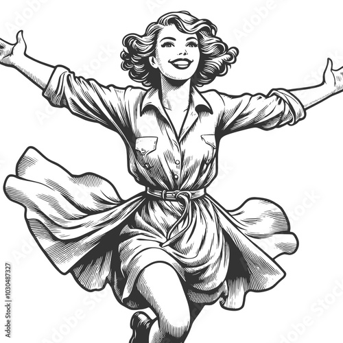 joyful woman with flowing hair, smiling and raising her arms, capturing a sense of freedom, happiness, and energy sketch engraving generative ai vector illustration. Black and white image.