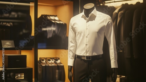 Crisp white shirt and black trousers combo on mannequin