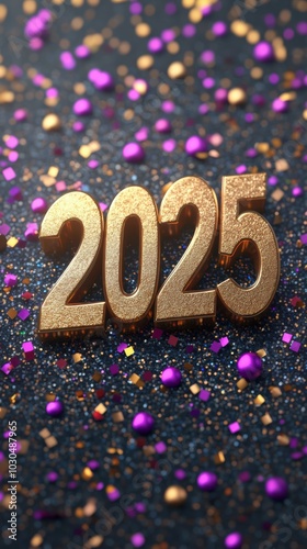 Golden 2025 Numbers with Purple and Gold Confetti