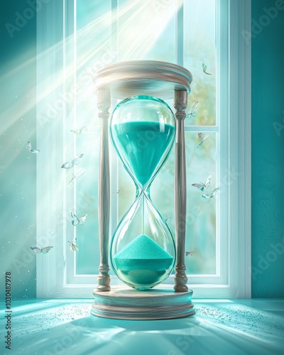 Hourglass with Butterflies and Sunbeams Through Window photo