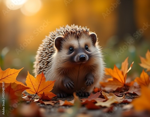 Hedgehog in leaves, autumn, garden