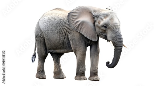 Majestic African Elephant with Raised Trunk Showcasing Textured Skin on White Background