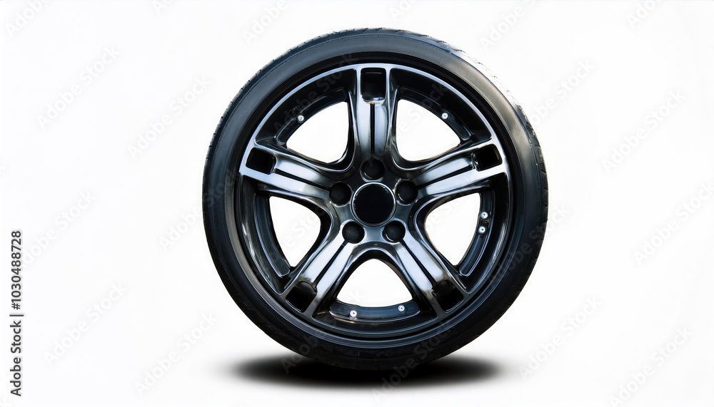 Obraz premium Shiny black car wheel isolated on white background