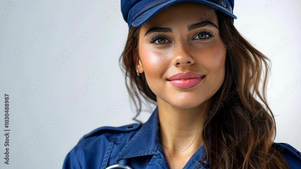 A young woman in a blue uniform smiles confidently while wearing a blue hat A young woman in a blue uniform smiles confidently while wearing a blue hat