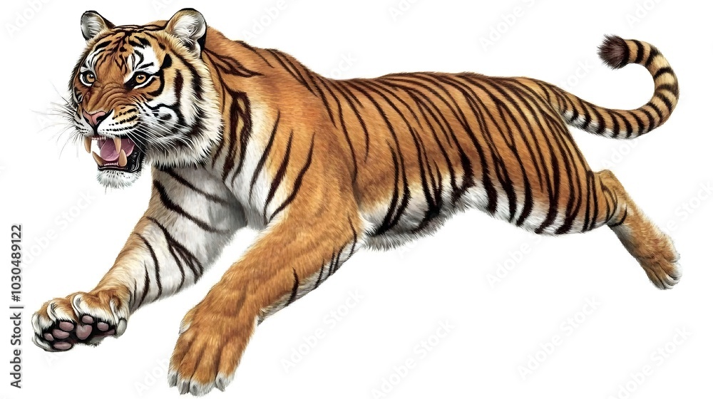 Obraz premium Powerful Tiger Leaping with Claws Extended in Detailed Striped Fury
