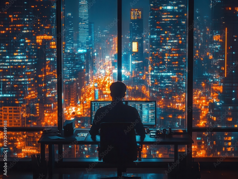 entrepreneur immersed in work late at night in a high-rise office, illuminated by city lights filtering through the large windows, embodying dedication and ambition in an urban landscape