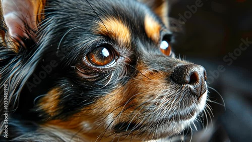 A small black and brown dog with big brown eyes looks thoughtfully into the distance