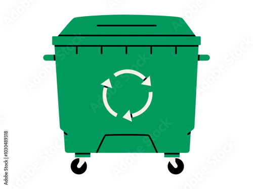 Hand drawn cute cartoon illustration of outdoor green garbage can with wheel. Flat vector recycling big trash bin, environmental pollution doodle style. Ecology sticker, icon. Waste sorting. Isolated.