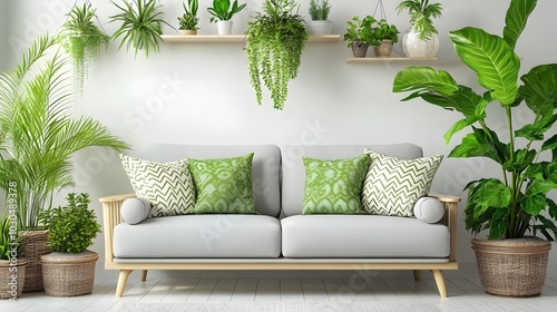 Minimalist Living Room with Sleek Gray Sofa,Potted Plants,and Bright Natural Light