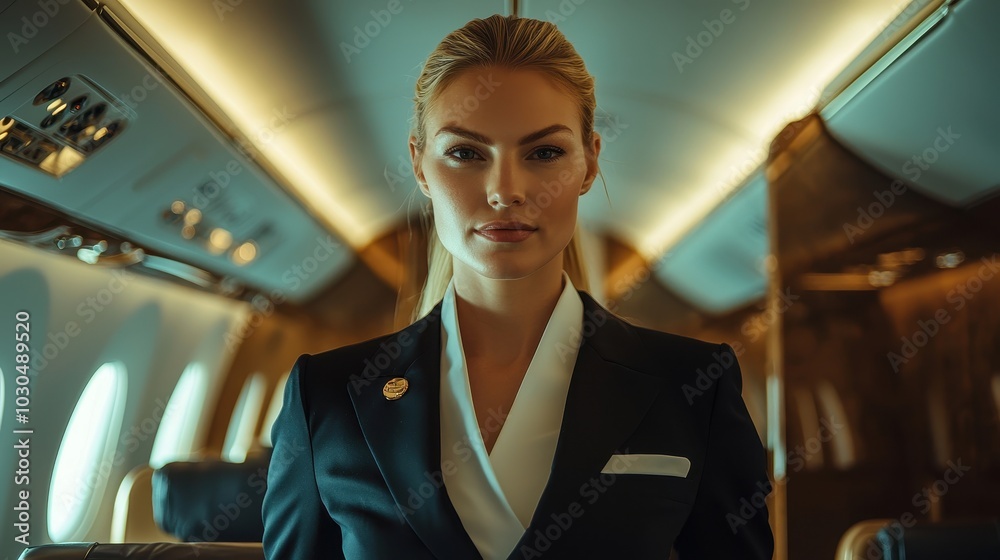 A confident female flight attendant stands inside a luxurious private jet cabin, symbolizing premium travel, professionalism, and customer service. Ideal for themes of air travel, and hospitality A confident female flight attendant stands inside a luxurious private jet cabin, symbolizing premium travel, professionalism, and customer service. Ideal for themes of air travel, and hospitality