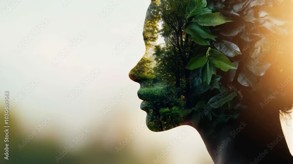 Artistic Profile of Woman Serene Silhouette in Natures Greenery, Evoking Tranquility and Connection to Environment and Landscape. Artistic Profile of Woman Serene Silhouette in Natures Greenery, Evoking Tranquility and Connection to Environment and Landscape.