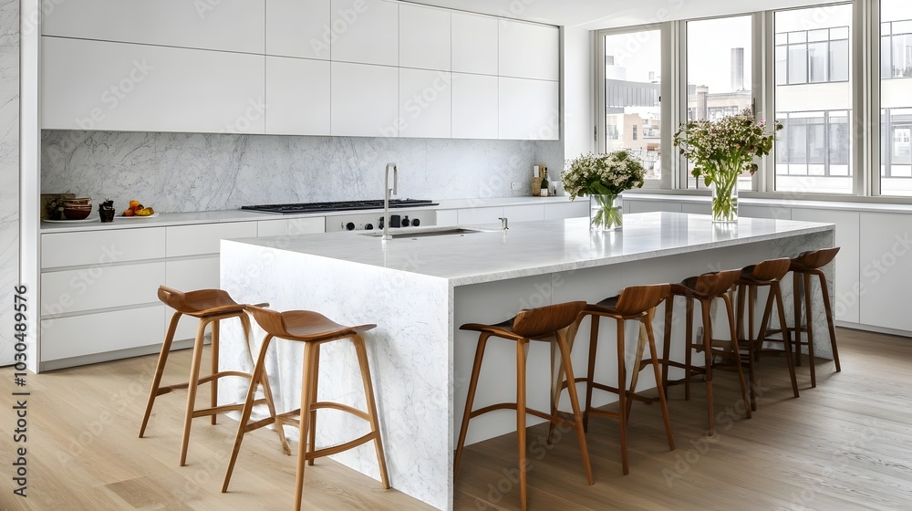 Bright and Minimal Kitchen with Marble Countertops and Sleek Island Design