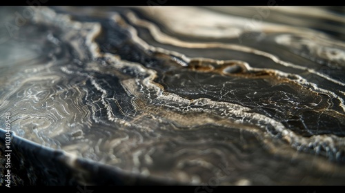 The closeup of this natural stone countertop exposes its organic layers ranging from soft and velvety to grainy and co all blending together into a harmonious and unique surface. photo