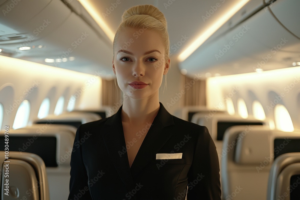 A confident female flight attendant stands inside a luxurious private jet cabin, symbolizing premium travel, professionalism, and customer service. Ideal for themes of air travel, and hospitality A confident female flight attendant stands inside a luxurious private jet cabin, symbolizing premium travel, professionalism, and customer service. Ideal for themes of air travel, and hospitality