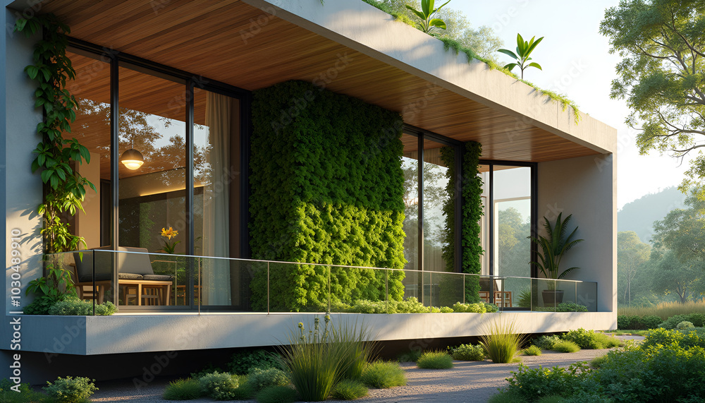 Close-up of a building facade with energy-efficient insulated walls, green living wall integrated into the design, the eco-friendly materials