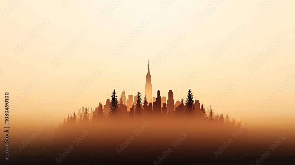 Naklejka premium A serene skyline silhouetted against a soft orange horizon, presenting an enchanting view of nature and architecture merging harmoniously.