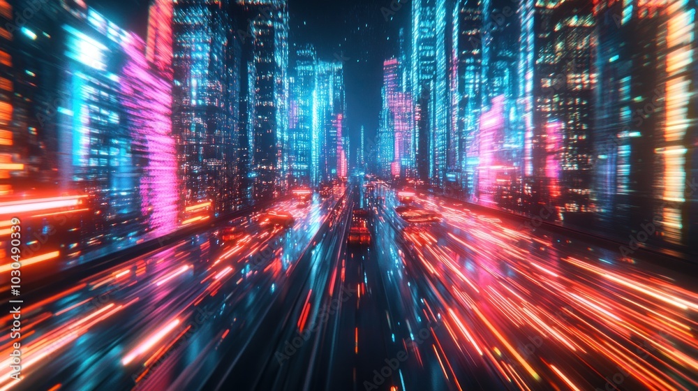Futuristic cityscape with vibrant neon lights and motion blur, depicting a dynamic urban environment.