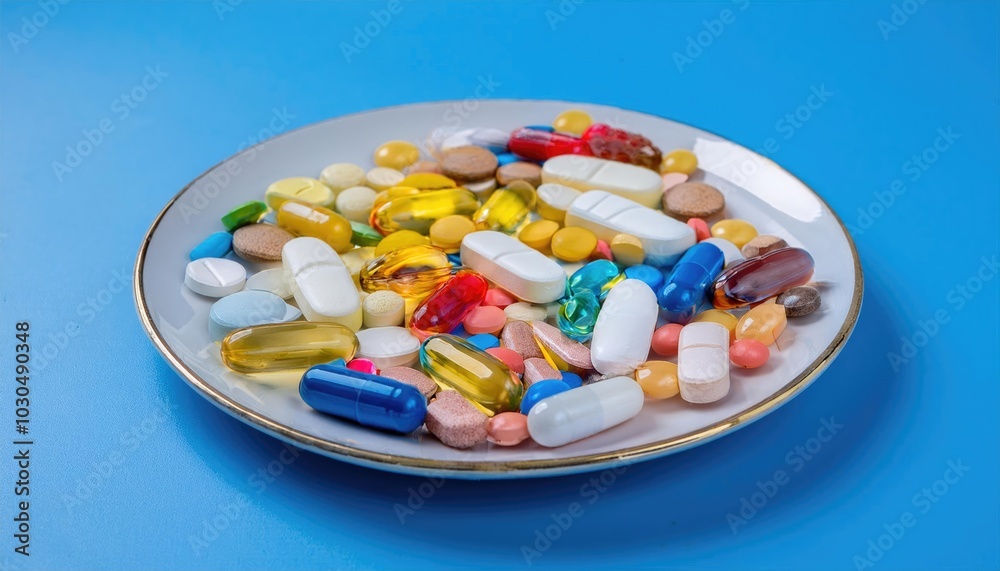 Plate of assorted pills and capsules on blue background Plate of assorted pills and capsules on blue background