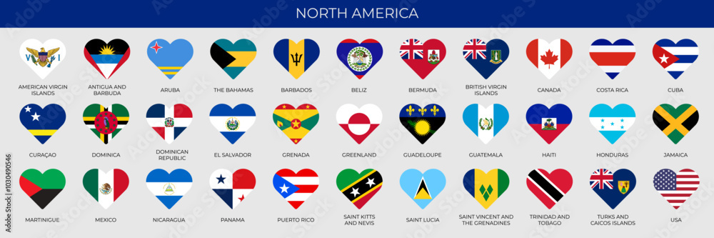 Fototapeta premium Set of heart shape flags of North American countries in alphabetical order. Vector illustration