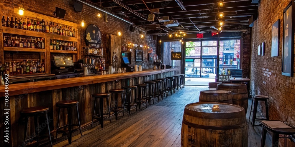 Whiskey bar with a rustic design, wooden floors, exposed brick wall, and cozy lighting creating a relaxed lounge vibe for nightlife Whiskey bar with a rustic design, wooden floors, exposed brick wall, and cozy lighting creating a relaxed lounge vibe for nightlife