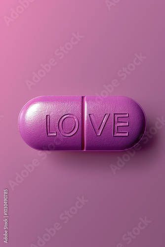 Love Pill: A close-up, conceptual image of a single purple pill with the word 