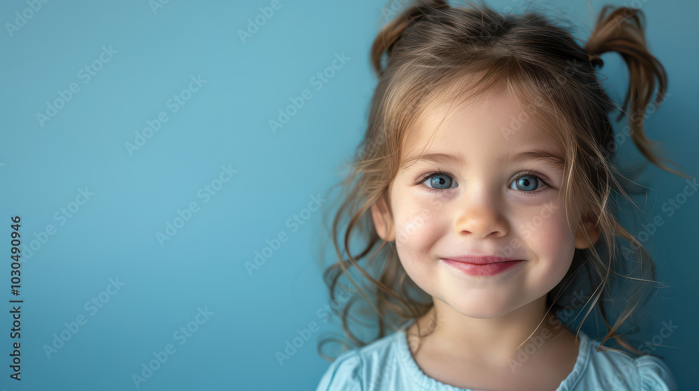 Sweet Little Girl's Portrait: Captivating close-up of an adorable toddler girl with beautiful blue eyes and a heartwarming smile against a serene light blue background. Sweet Little Girl's Portrait: Captivating close-up of an adorable toddler girl with beautiful blue eyes and a heartwarming smile against a serene light blue background.