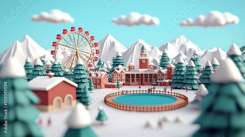 A whimsical winter village with a ferris wheel and mountains in the background.