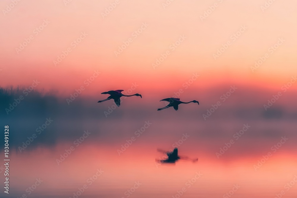 Two flamingos flying over a serene lake at sunrise, reflecting the soft colors of dawn. Two flamingos flying over a serene lake at sunrise, reflecting the soft colors of dawn.
