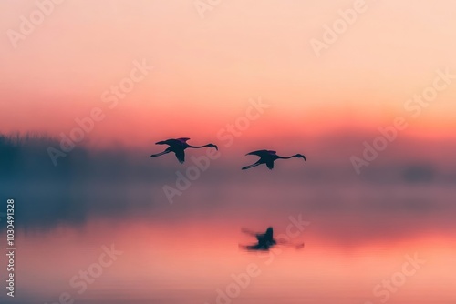 Two flamingos flying over a serene lake at sunrise, reflecting the soft colors of dawn.