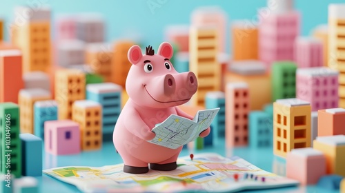 A charming 3D cartoon hippo calf navigates a colorful urban landscape with a map. The scene is vibrant and playful, featuring multicolored buildings and a cheerful atmosphere.