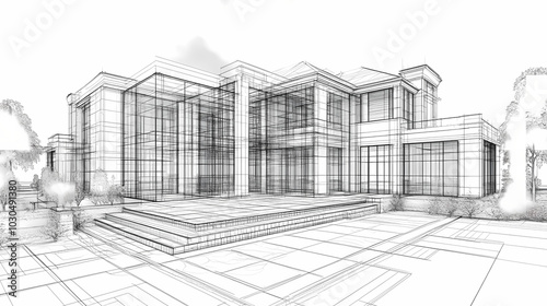 Wireframe rendering of a building in 3D. Done view hard landscaping, new luxury stone patio and garden of English home. Idea for an abstract construction graphic