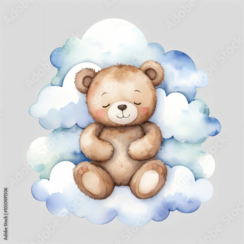 A teddy bear sleeps peacefully on fluffy clouds in a watercolor dream.