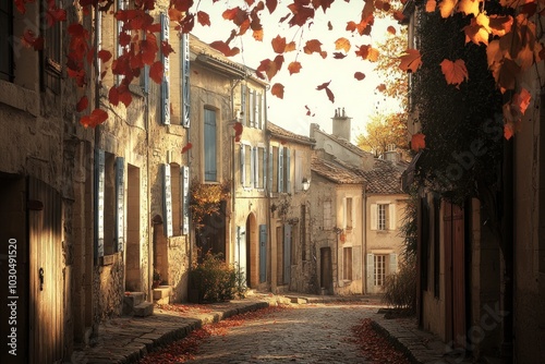 A serene autumn street scene with colorful leaves and charming old buildings.