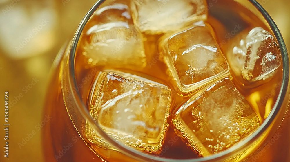 Close-up of iced barley tea with floating ice cubes Close-up of iced barley tea with floating ice cubes