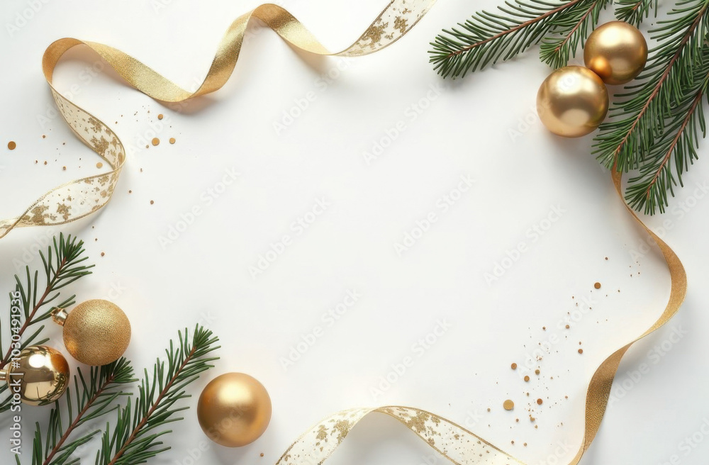 Obraz premium The beautiful scene features a lovely white background adorned with festive Christmas decorations along with an elegant gold ribbon