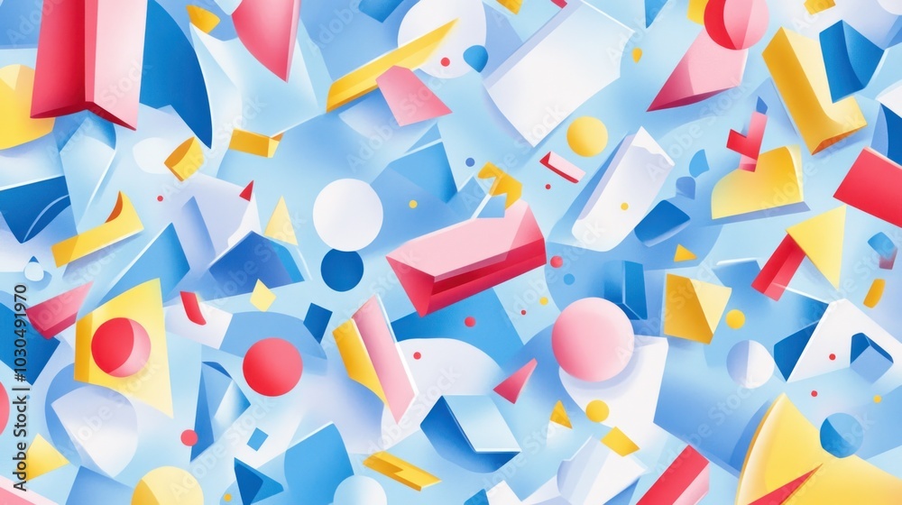 Abstract design featuring colorful geometric shapes on a blue background. Abstract design featuring colorful geometric shapes on a blue background.