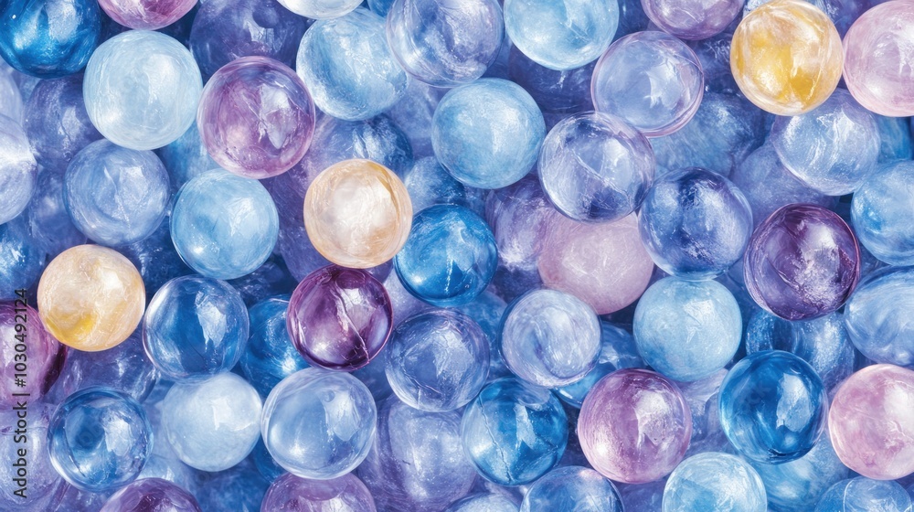 A close-up of colorful, translucent marbles in various shades of blue, purple, and pink. A close-up of colorful, translucent marbles in various shades of blue, purple, and pink.