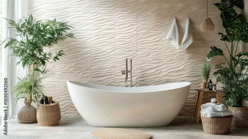 A serene bathroom featuring a freestanding tub, plants, and natural decor elements. A serene bathroom featuring a freestanding tub, plants, and natural decor elements.