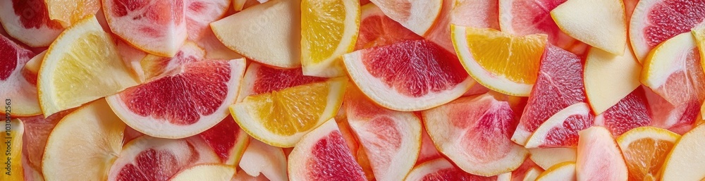A vibrant assortment of sliced citrus fruits and apples arranged artfully. A vibrant assortment of sliced citrus fruits and apples arranged artfully.
