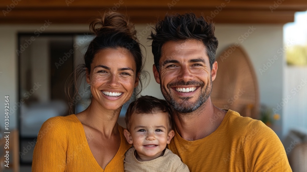Fototapeta premium Modern Home with Young Family in Front on a Sunny Day Generative AI