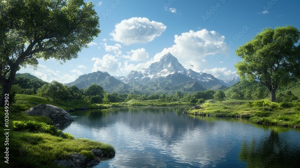 A tranquil landscape featuring a serene lake, lush greenery, majestic mountains, and a bright blue sky with fluffy clouds. A tranquil landscape featuring a serene lake, lush greenery, majestic mountains, and a bright blue sky with fluffy clouds.